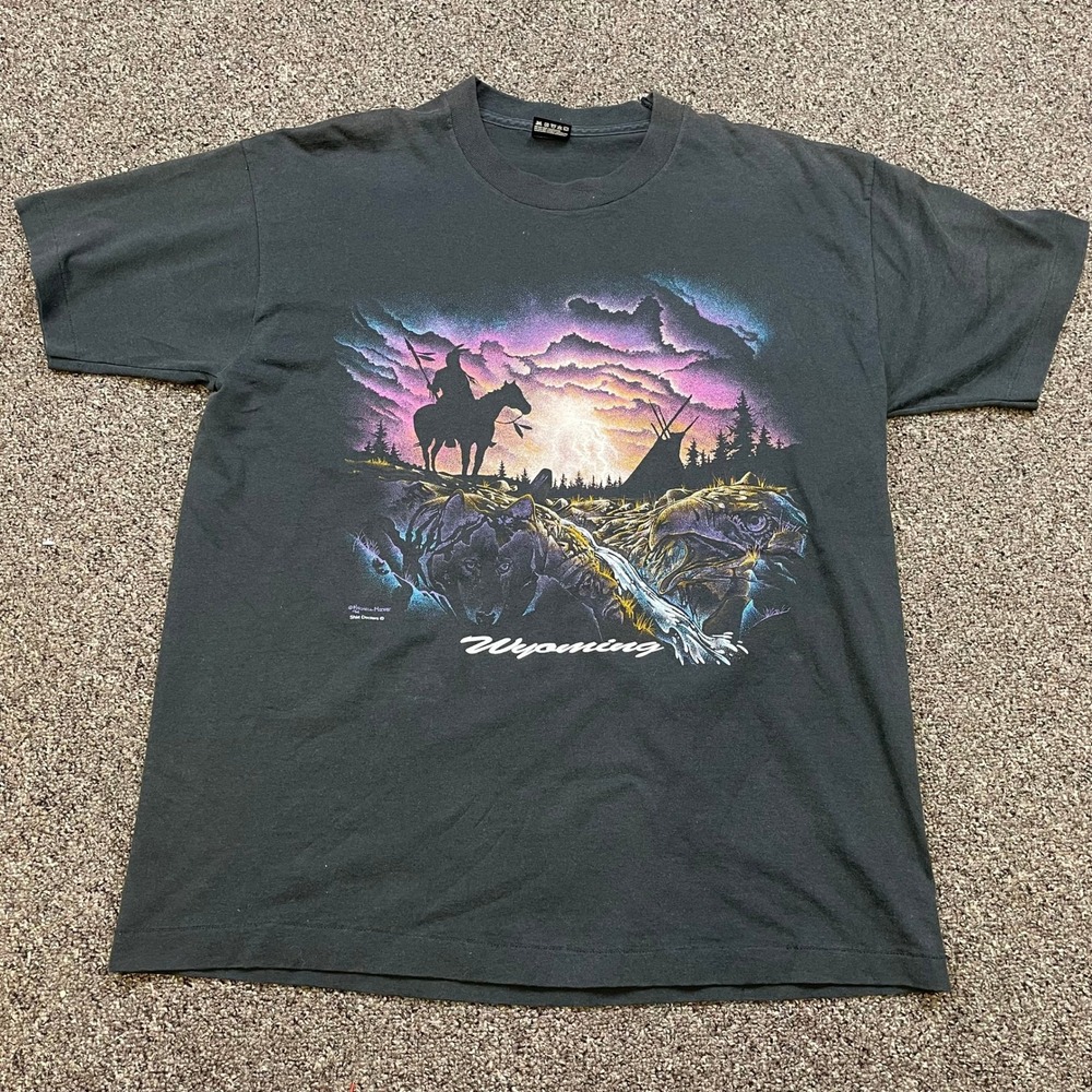 Vintage 90s Wyoming T Shirt Fruit of the Loom BEST Wolf Eagle Horseback XL Black